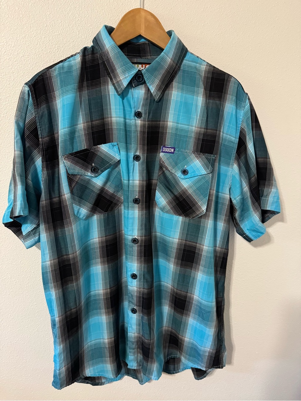 Dixxon Flannel Co Maui Bamboo Short Sleeve Button Shirt Blue Black Plaid-Large